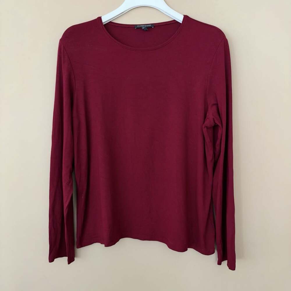 Eileen Fisher Petite PL Long Sleeve Burgundy Maroon Rayon Top Casual Stretch